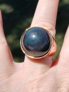 New Men's Round Black Obsidian Copper Ring.